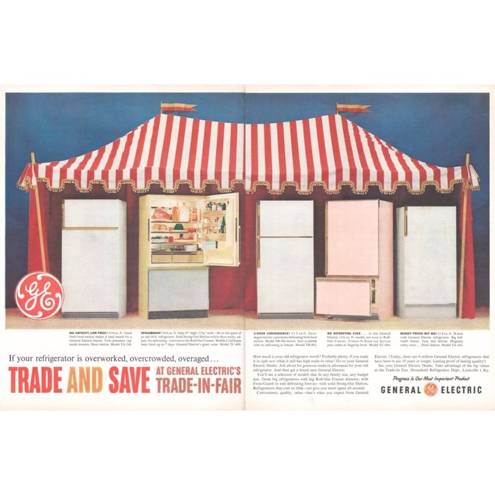 1961 GE General Electric Refrigerator Fridge 2 Page Vintage Print Ad Circus Tent